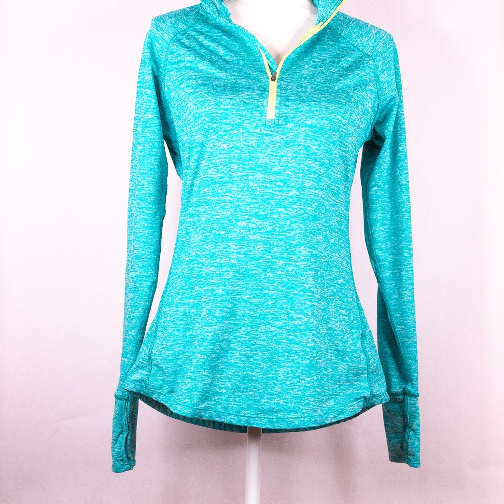 Heathered Aqua Long-sleeve Pull-over Athletic Polo Top With Top Front Zipper.